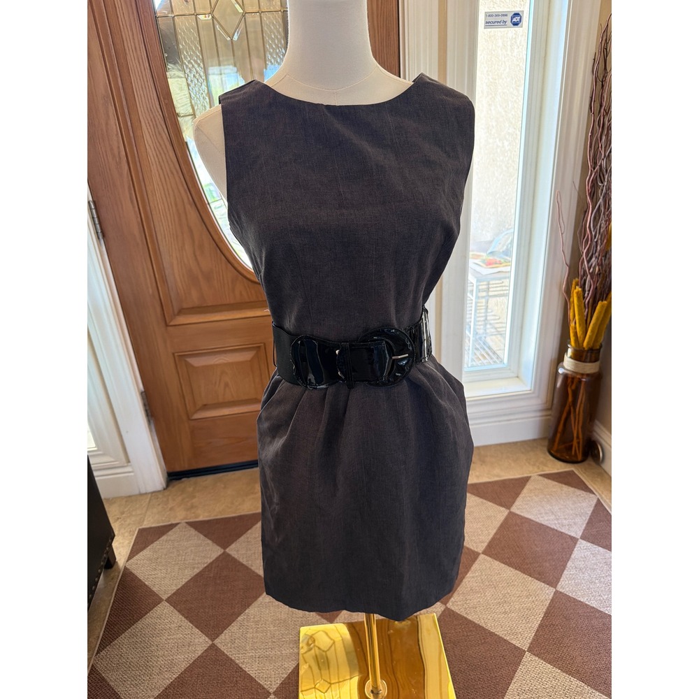 Sleeveless Charcoal Gray Sheath Dress with Black Patent Waist Belt Small